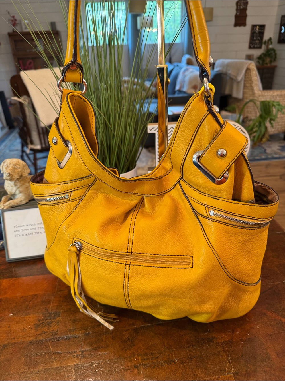 Etienne Aigner Mustard Yellow Pebbled Leather Hobo with Blue Charm - Picture 5 of 13